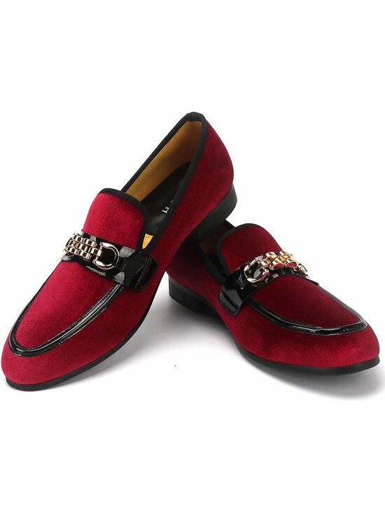 XQWFH Men\'s Red Velvet Penny Loafer Gold Chain Buckle Slip On Flats Forma Shoes